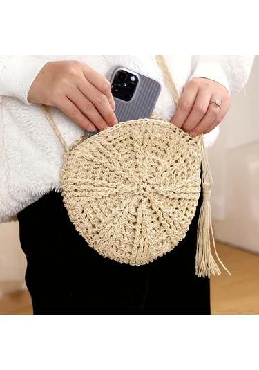 Chuangyinshop 1 Adet El Yapımı Bohem Çapraz Sırt Çantası - Bej Kare Sabit Kayış Bej