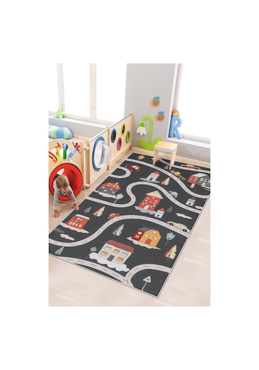 West Home Makinede Yıkanabilir Kaymaz Taban Leke Tutmaz Yol Desenli Halı Bebek Ve Çocuk Halısı Oyun Matı Wh 566 Black Siyah