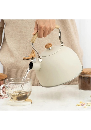 F Fityle Paslanmaz Çelik Ahşap Saplı Çaydanlık - Beyaz Ahşap