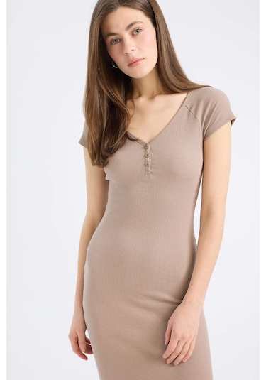 DeFacto Bodycon Vücudu Saran V Yaka Fitilli Kaşkorse Kısa Kollu Midi Elbise E7368AX25SPBG73