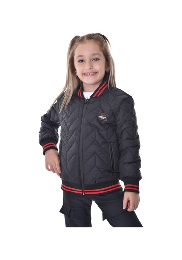 Kız Çocuk Siyah Kolej Yaka İçi Astarlı Su Ve Rüzgar Geçirmez Fermuarlı Cep Mont Ceket Siyah