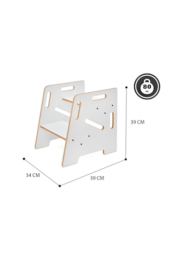 Minera Çocuk Yetişkin Montessori Ahşap Basamak Yükseltici Tabure Beyaz