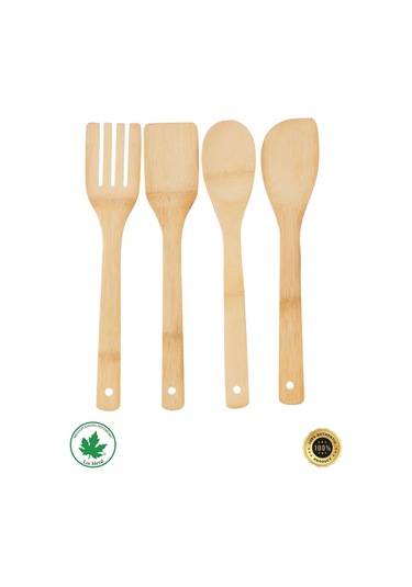 4'lü Tahta Yemek Gereçleri - 4 Boy Tahta Kaşık - Tahta Kaşık 28 Cm.-28 Cm.-32cm. Kahverengi