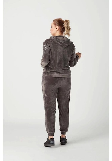 1927 Gri Tam Kalıp Tarz Kapüşonlu Kadife Büyük Beden Eşofman Takımı Gri