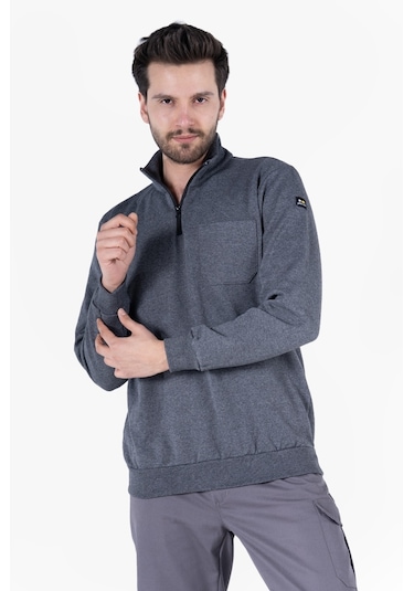 2 İplik Dik Yakalı Fermuarlı Sweatshirt Füme Melanj