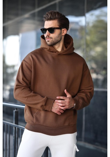 Kahverengi Kapüşonlu Kanguru Cep Erkek Sweatshirt E7169 Kahverengi