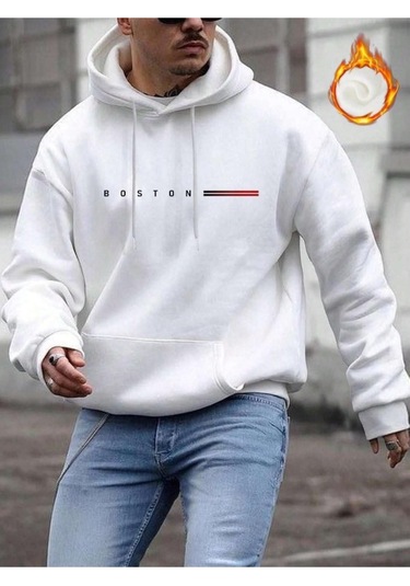Erkek Boston Baskılı Oversize Kapşonlu Sweatshirt 001
