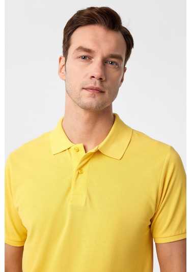 Sarı Slim Fit Armürlü Polo Yaka Tişört-37205 Sarı