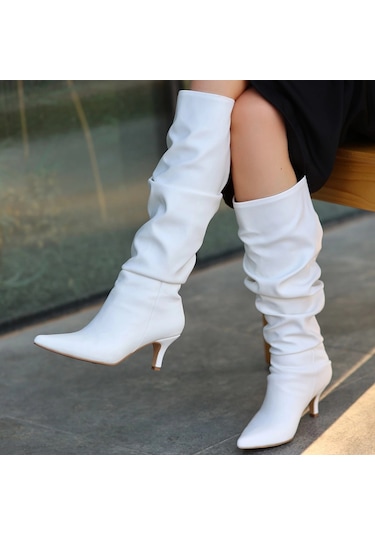 Zelya Beyaz Cilt Topuklu Çizme Beyaz