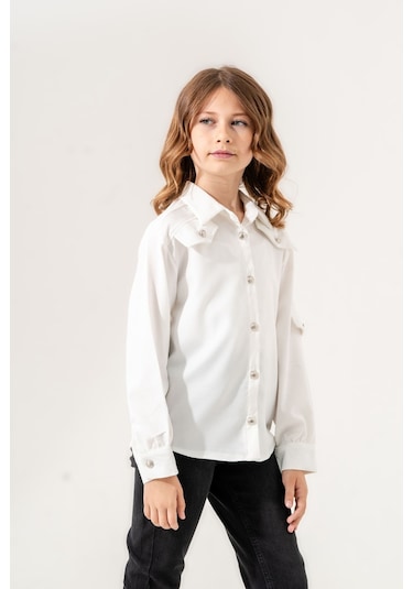 Kız Çocuk Cep Süslü Gömlek 3140 Beyaz