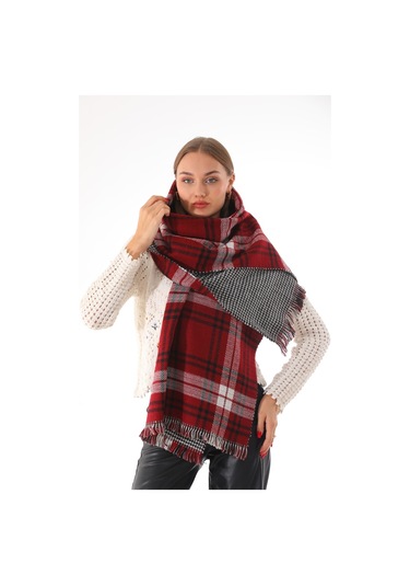 Çift Taraflı Yumuşak Dokulu Bordo Siyah Şal Atkı Bordo - Siyah