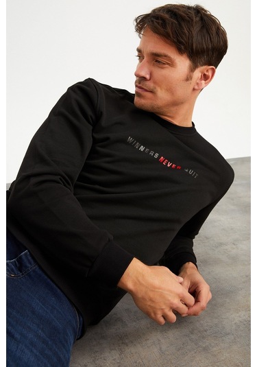 Mysport 5013 Erkek Bisiklet Yaka Baskılı Sweatshirt-siyah Siyah