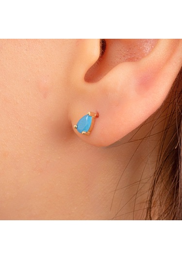 Altın Küpe - 14 Ayar Altın Damla Modelli Firuze Turkuaz Taşlı Küpe Sarı