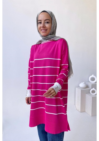 Bisiklet Yaka Çizgili Merserize Tunik - Fuşya