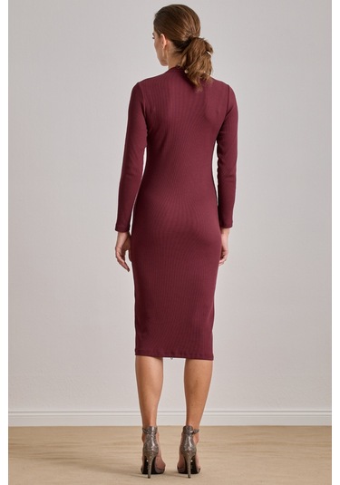 Midi Bordo Kaşkorse Elbise Bordo