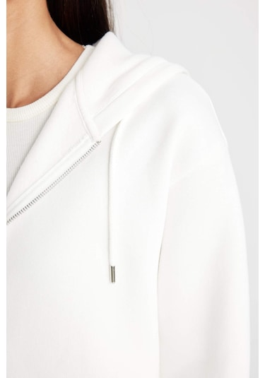 Defacto Relax Fit Kapüşonlu Cepli Basic Düz Fermuarlı Sweatshirt C1809AX24WNER105 Ekru