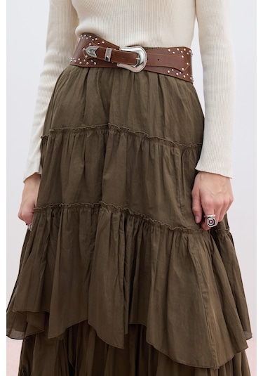 Katlı Boho Vual Etek Haki Haki