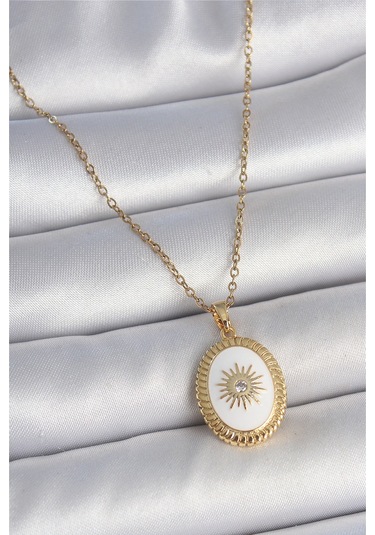 316l Çelik Gold Renk Zincir Beyaz Mineli Güneş İşlemeli Zirkon Taş Detaylı Madalyon Model Kadın Kolye Diğer