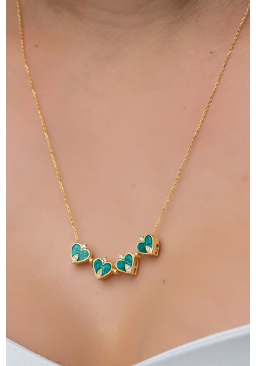 Nereze 925 Ayar Gümüş Mıknatıslı Ayrılabilir Gold Yeşil Mineli 4 Kalpli Yonca Kolye