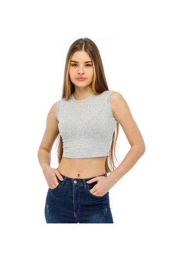 Bella Dossi Rahat Gri Kaşkorse Kolsuz Sıfır Yaka Kadın Crop Top Gri