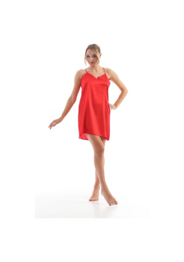 Laperissa Kadın Kırmızı Saten Gecelik Tül Yakalı, Zarif Ve Şık Dokuma Uyku Elbisesi Kırmızı