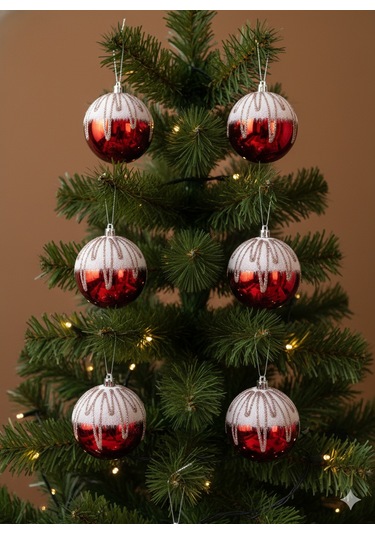6 Adet Yılbaşı Ağacı Top Süsü 8 Cm - Kırmızı Pullu Ve Yoğun Simli Lüks Ağaç Dekorasyonu Seti Özel Pvc Kutulu