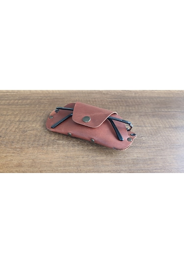 Sumerian Leather Craft Deri Gözlük Kılıfı Tarçın + Anahtarlık