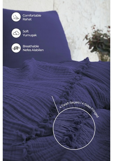 %100 Pamuk Çift Kişilik Müslin Yatak Örtüsü 4 Katlı Yumuşak Battaniye Müslin Pike Takımı 3 Parça Lacivert Lacivert