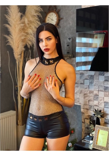 Göğsü File Detaylı Deri Kadın Tulum