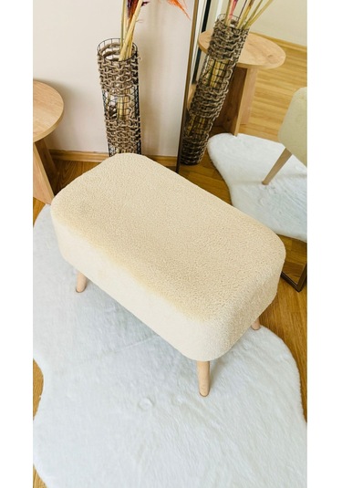 Ahşap Ayaklı Teddy Kumaş Dikdörtgen Dekoratif Puf Bench Ekru