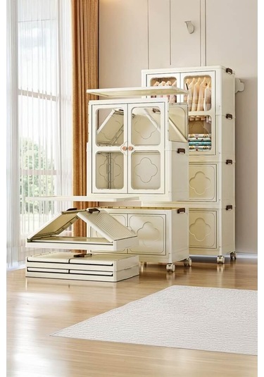 Piev Çok Amaçlı Büyük Hacimli Tekerlekli Katlanabilir 3 Katlı Saklama Kabı Gardırop Organizer Antrasit Antrasit