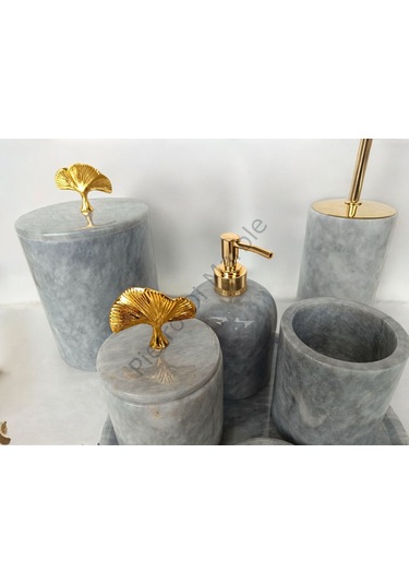 Gri Mermer Klasik Model 7 Parça Gold Renk Japon Gülü Aksesuarlı Banyo Seti Gri