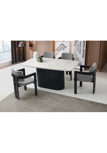 Parlak Ahşap Sabit Yemek Masası Beyaz Mermer Desen - 4 Sandalye Takım