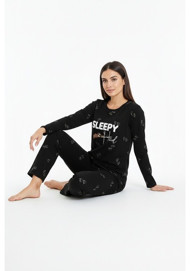 Sleepy Yazılı Elite Viscose Pijama Takımı Uzun Siyah 3552 Siyah