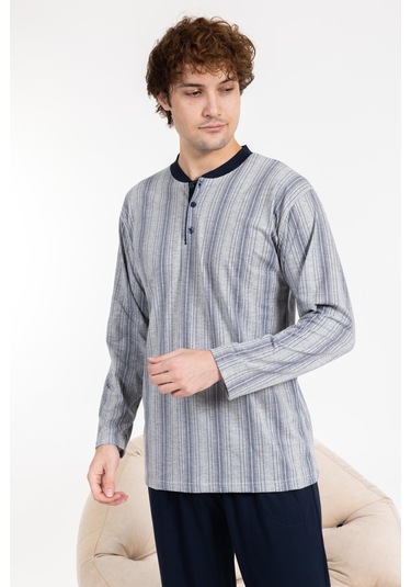 Erkek Penye Pamuk Regular Kalıp Sıfır Yaka Kaliteli Pijama Takımı A803123 Açık Gri