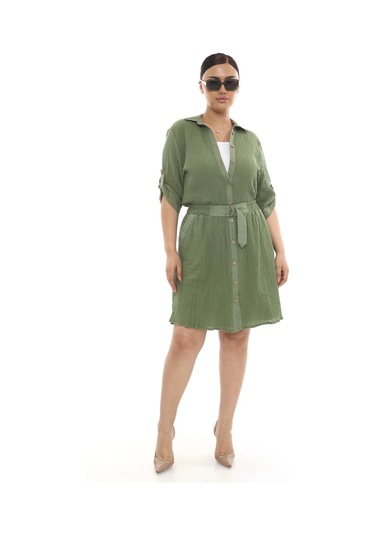 Büyük Beden Kadın Astarlı Müslin Kumaş Düğmeli Cepli Etek Haki