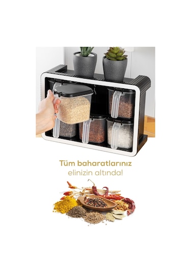 Vienev 6lı 500 Ml Standlı Kendinden Yapışkanlı Kaşıklı Baharatlık Seti Antrasit