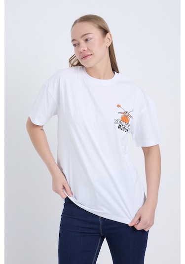 Velvoria Unisex Oversize Beyaz Scooter T-shirt