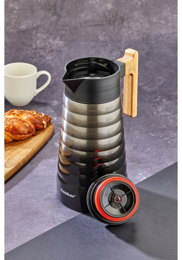 Cooker Ckr2097 2 L Çift Katmanlı Paslanmaz Çelik Termos Bambu Saplı - 12 Saat Sıcak 24 Saat Soğuk Piknik, Ofis, Otel, Kafe, Okul Siyah-gri