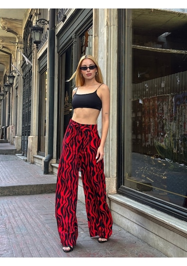 Kadın Yüksek Bel Kuşaklı Desenli %100 Viscose Pamuk Geniş Paça Şık Casual Büyük Beden Curve Pantolon Kırmızı