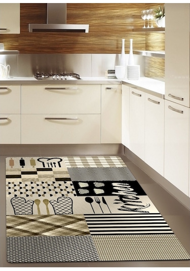 Krem, Kitchen Kaymaz, Organik Pamuk Taban Mutfak Halısı