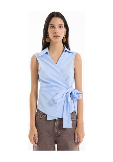 Quzu Önü Bağlama Detaylı Mavi Kadın Bluz Blz00538 Mavi