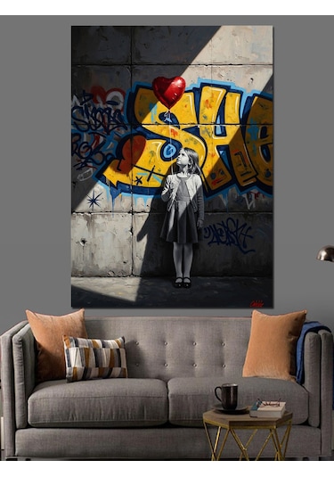 Graffiti Önünde Duran Küçük Çocuk Dekoratif Kanvas - Mdf Ahşap Tablo
