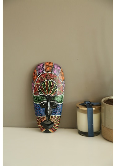 Elde Renkli Boyanmış Ahşap Aborjin Mask 20 CM