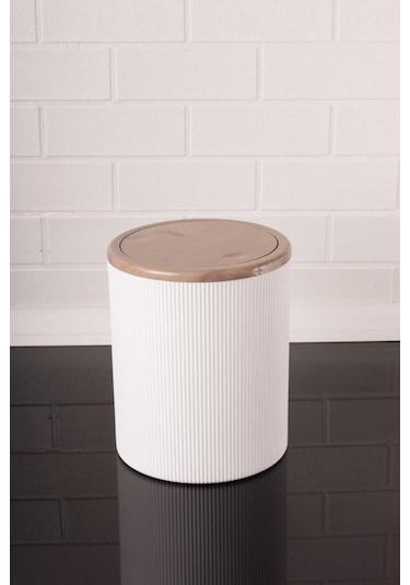 Mermer Desenli Sallanır Kapak Yuvarlak Banyo Çöp Kovası 6 Lt, Mutfak Tezgah Üstü Çöp Kovası Beyaz