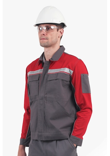 3 Cm Reflektörlü Çok Cepli Mont Gri - Kırmızı