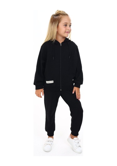 Toontoy Kız Çocuk Yarasa Kol Armalı Eşofman Takım Siyah