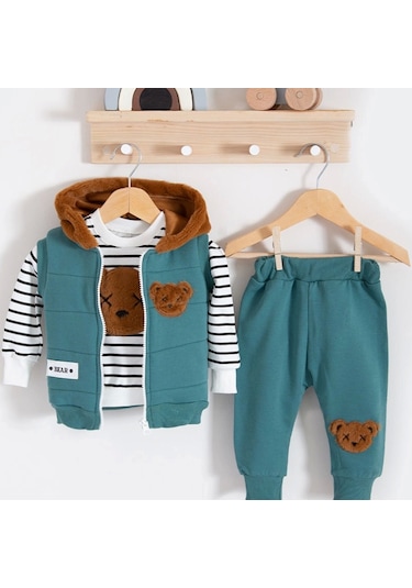 3-18 Ay Erkek Bebek Takımı Peluş Ayıcık Kapişon 3'lü Yeşil