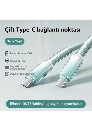 Buz Kristal Dokuma 65w Hızlı Şarj Kablosu 1m Apple İphone 16 & Üstü Type-c To Type-c Pd3.0 Uyumlu Isı Kontrollü 1m Type-c - Type-c For İphone 16