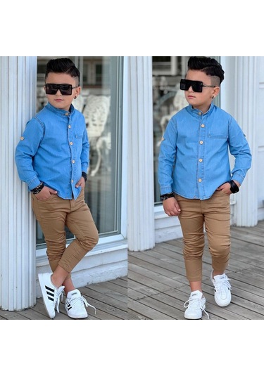 Modavals Hakim Yaka Denım Gömlek & Gabardin Pantolon Erkek Çocuk 2 Li Takım Mavi